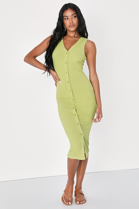 Lulus Effortless Evenings Lime Green Ribbed Button-front Midi Dress