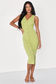 Effortless Evenings Lime Green Ribbed Button-Front Midi Dress