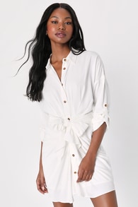 Charming Confidence White Collared Button-Up Mini Dress