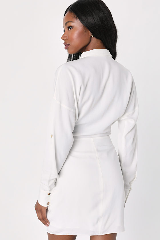 Long Sleeve Button-Up Mini Dress with Structured Waist - White