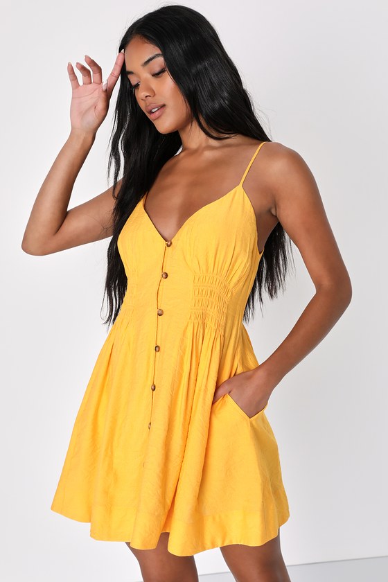 Saturday Darling Golden Yellow Smocked Mini Dress With Pockets
