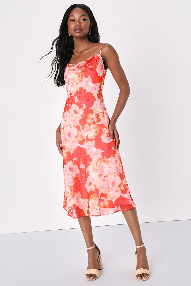 Pink Floral Swiss Dot Cowl Neck Midi Dress | Womens | X-Large (Available in S) | 100% Polyester | Lulus