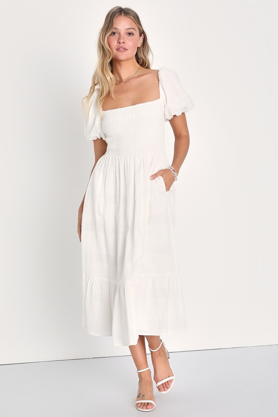 White Smocked Dress - Puff Sleeve Dress - White Midi Dress - Lulus