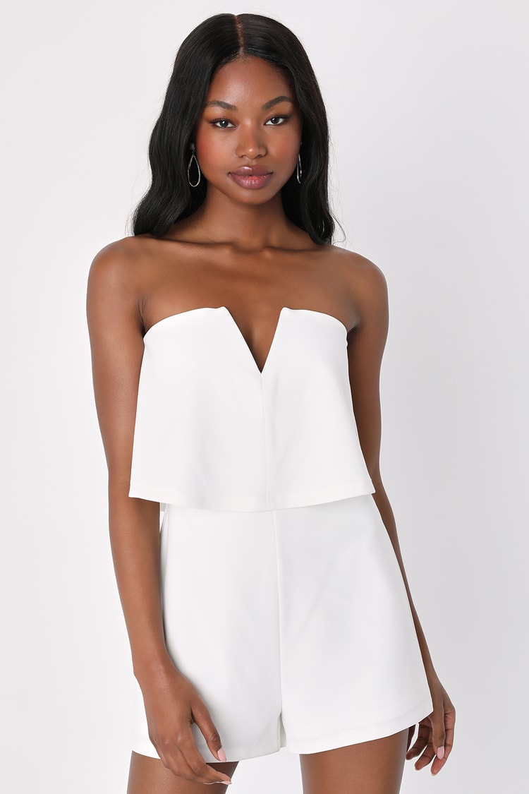 Flirty White Romper - Strapless Romper - Notched Romper - Lulus