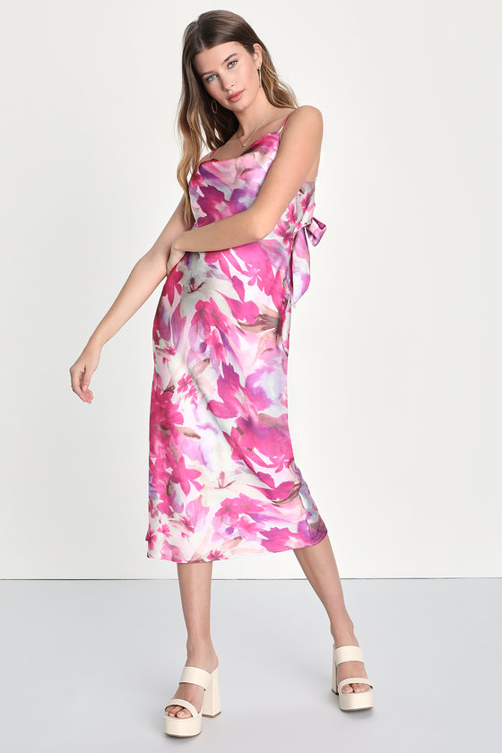 Lulus Sophisticated Sense Pink Floral Tie-back Slip Midi Dress