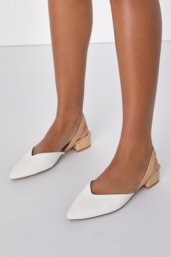 Lulus Mae White And Light Nude Pointed-toe Slingback Heels