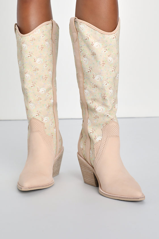 Navene Pink Multi Floral Nubuck Leather Slip-On Knee-High Boots 1