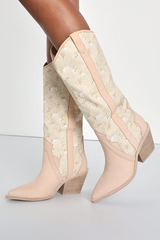 Navene Pink Multi Floral Nubuck Leather Slip-On Knee-High Boots 2