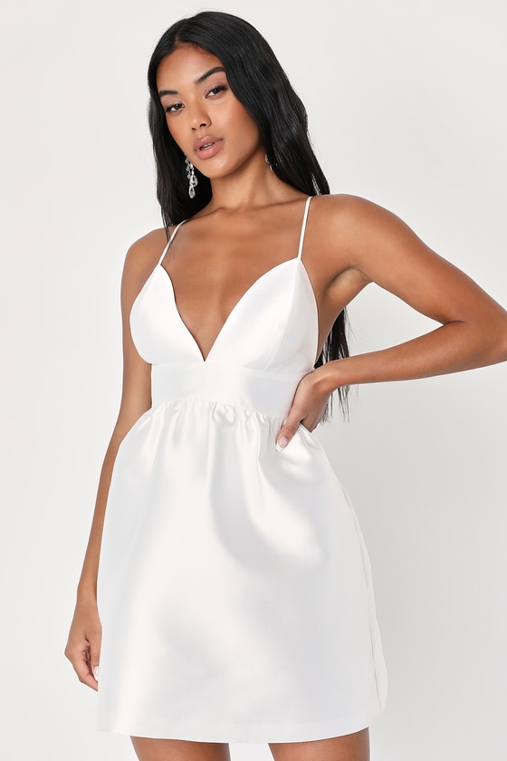 Lulus Whimsical Passion White Taffeta V-neck Skater Mini Dress