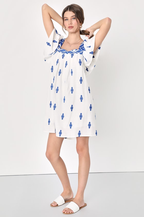 Lulus Mykonos Moment White And Blue Embroidered Linen Shift Mini Dress