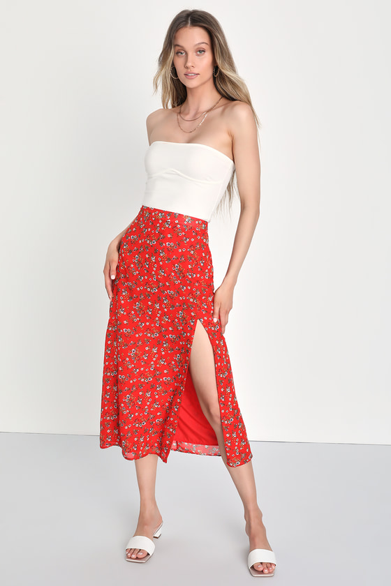 Lulus Italian Ideals Red Floral Print High-rise Midi Skirt