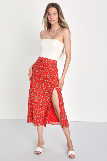 Italian Ideals Red Floral Print High-Rise Midi Skirt