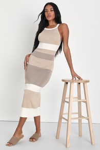 Chic Obsession Beige Striped Tie-Back Sleeveless Sweater Dress