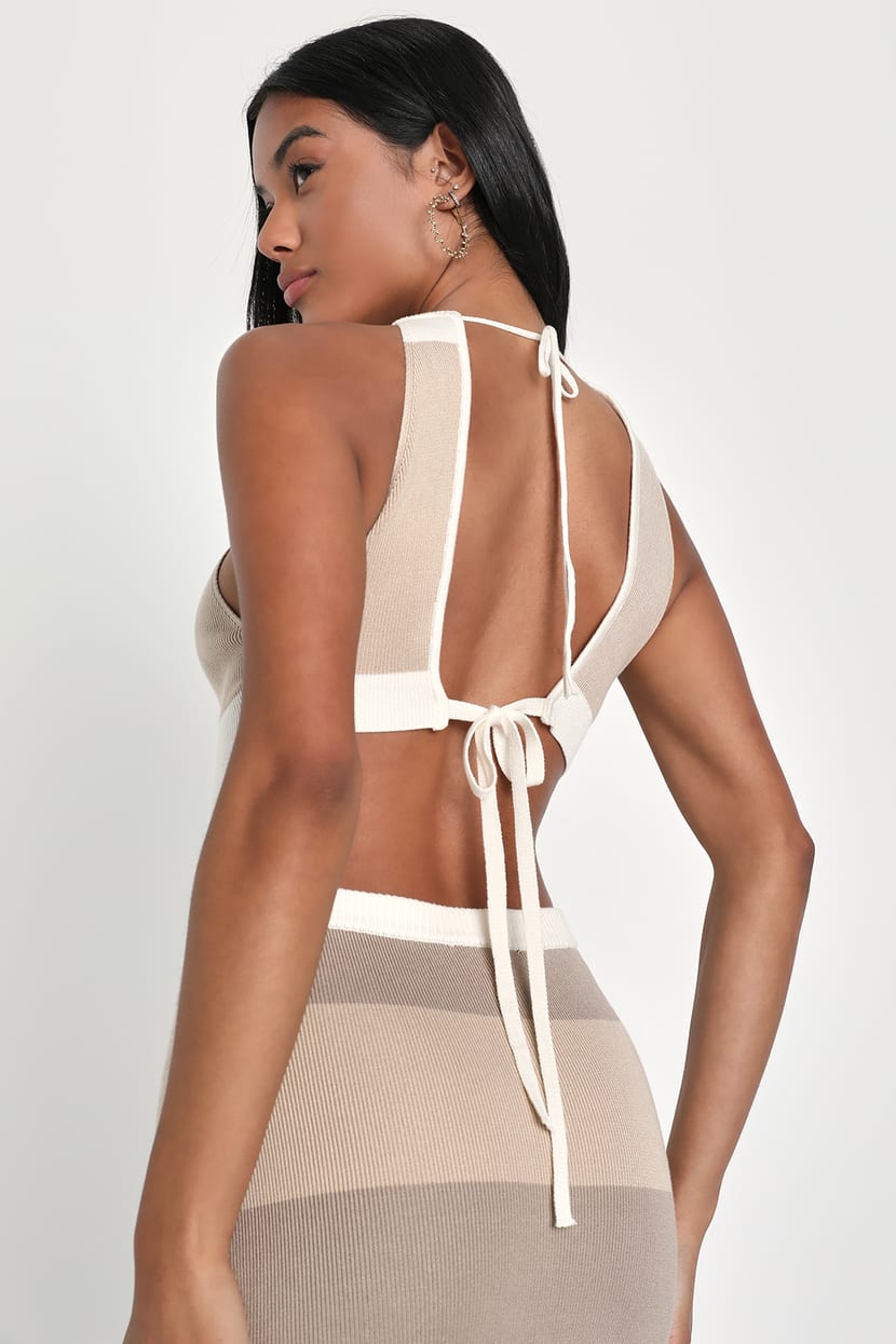 Chic Obsession Beige Striped Tie-Back Sleeveless Sweater Dress