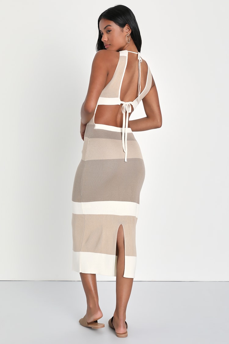 Chic Obsession Beige Striped Tie-Back Sleeveless Sweater Dress