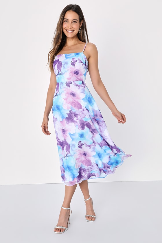 Lulus Radiant Feelings Blue And Purple Chiffon Floral Midi Dress