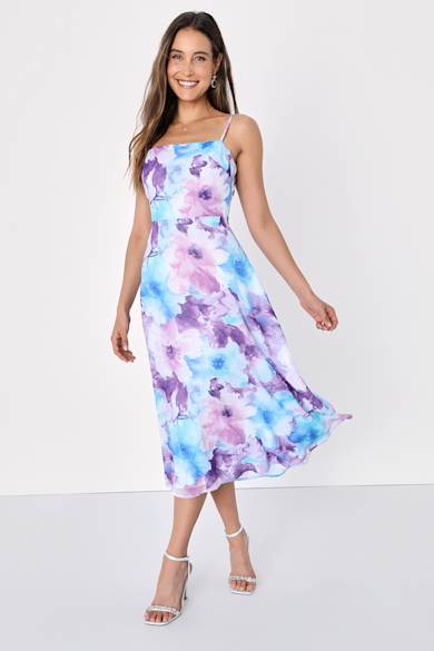 blue and pink wedding guest dress Zapaka Women Printed Wedding Guest Dress Tiered Ruffled Floral A Line Blue  Long Prom Dress – ZAPAKA main image 0