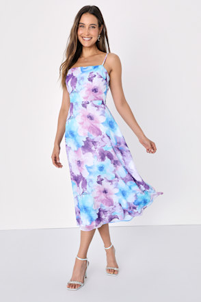 Blue and Purple Floral Chiffon Midi Dress | Womens | X-Small (Available in S, M, XL) | 100% Polyester | Lulus Blue and Purple Floral Chiffon Midi Dress | Womens | X-Small (Available in S, M, XL) | 100% Polyester | Lulus