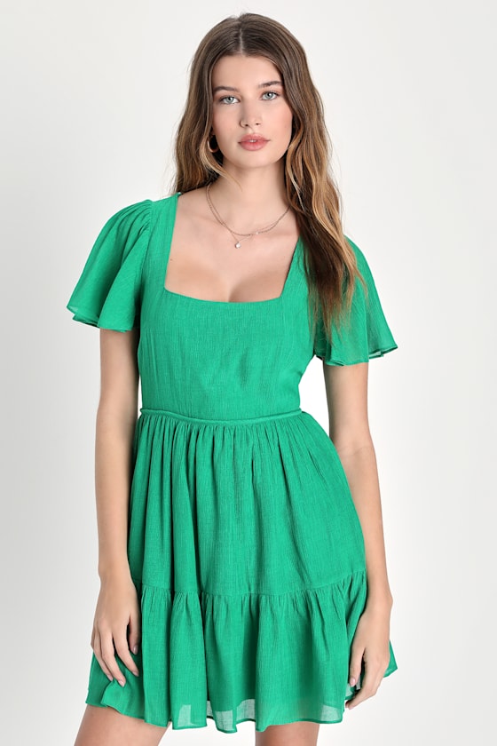 Green Tiered Mini Dress Flutter Sleeve Dress Cute Mini Dress Lulus