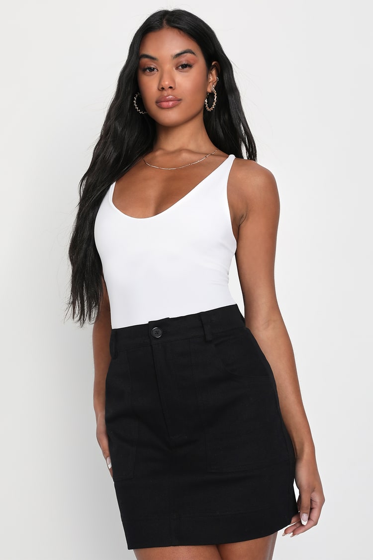 Confident Energy Black Twill High-Waisted Mini Skirt