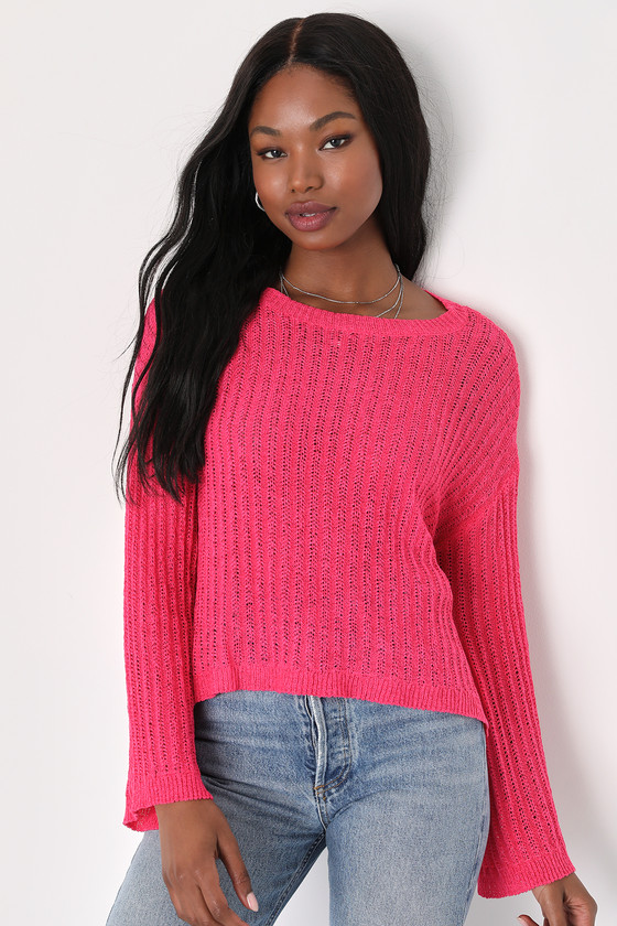 Cute Expectations Hot Pink Loose Knit Notched Sweater Top