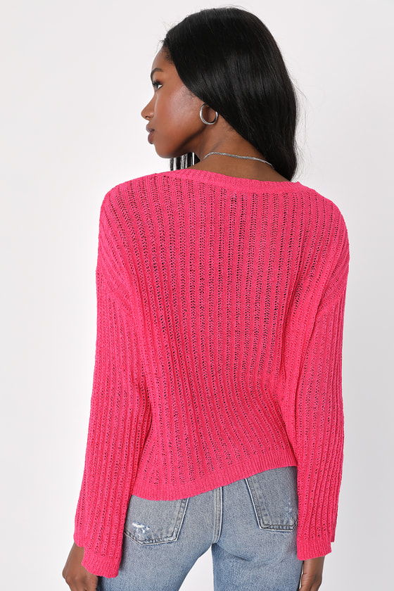 Hot Pink Sweater Top - Tape Yarn Top - Long Sleeve Knit Top
