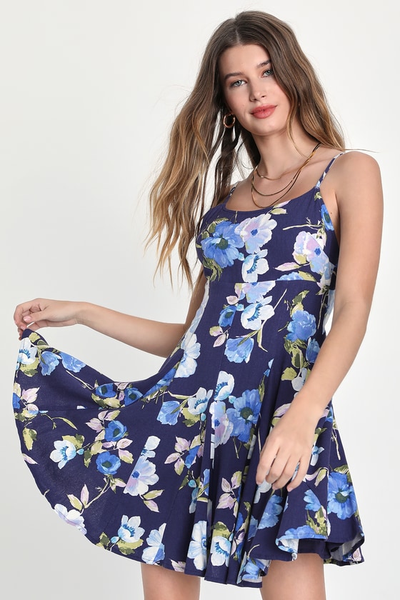 Lulus Adorable Sweetness Navy Blue Floral Print Linen Mini Dress