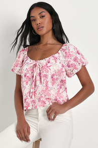 Sweetest Ever Ivory and Pink Floral Print Puff Sleeve Eyelet Top