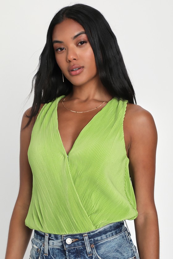Lulus Sleek Aesthetic Lime Green Surplice Tie-back Sleeveless Bodysuit