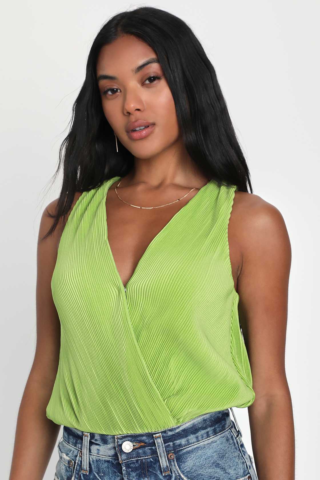 Lime Green Satin Bodysuit Plisse Bodysuit Sleeveless Bodysuit Lulus