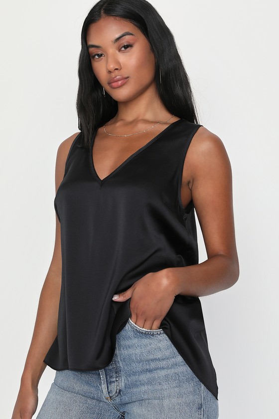 Black Satin Tank Top - V-Neck Tank Top - Tie-Back Tank Top - Lulus