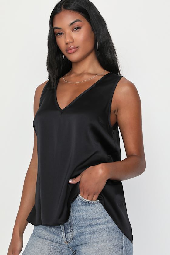 Black Satin Tank Top VNeck Tank Top TieBack Tank Top Lulus