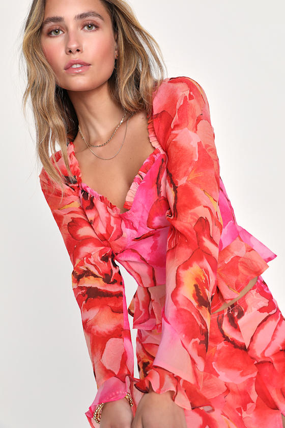 Pink Multicolor Top Hot Pink Multi Floral Top - Chiffon Long Sleeve Top - Bustier Top - Lulus