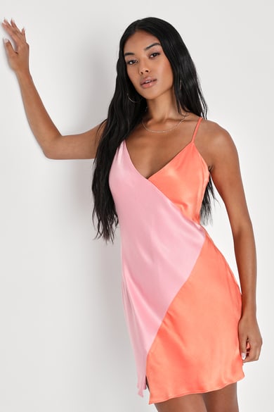 Half & Half, Color Block Shirt Dress - Pink/ Orange