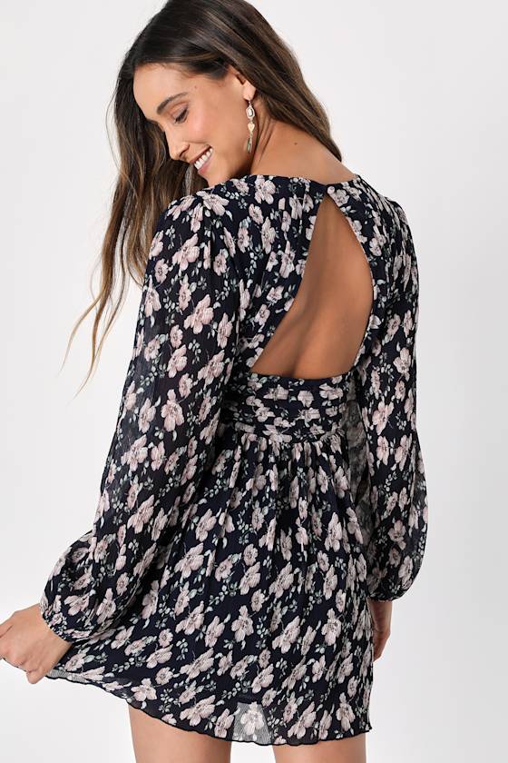 Navy Floral Mini Dress - Cutout Back Dress - Long Sleeve Dress - Lulus
