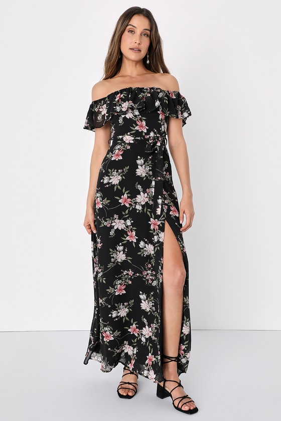 Black Dress - Floral Print Dress - Off-the-Shoulder Dress - Lulus