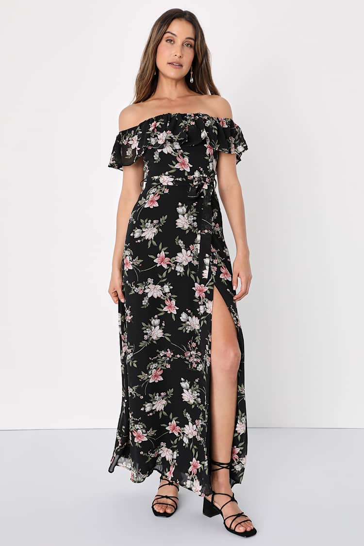 pink off the shoulder dress long Women Solid Pink Off-Shoulder Neck Sleeveless Flap Front Thigh-High Slit  Flared A-Line Maxi Dress