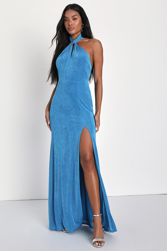 Lulus Stunning Attitude Blue Keyhole Halter Neck Maxi Dress