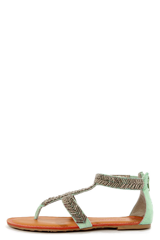 Pink & Pepper Salior Green Beaded T-Strap Thong Sandals - $48.00 - Lulus
