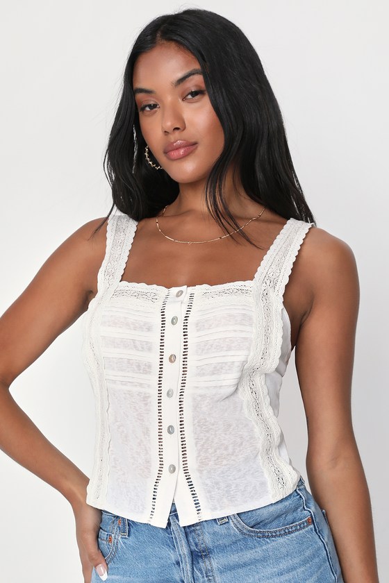 Ivory Lace Button-Up Tank - Semi Sheer Cami Top - Lacy Tank Top - Lulus