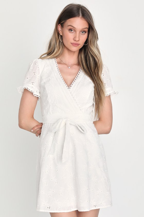 Lulus Whirlwind Wonder White Floral Eyelet Short Sleeve Mini Dress