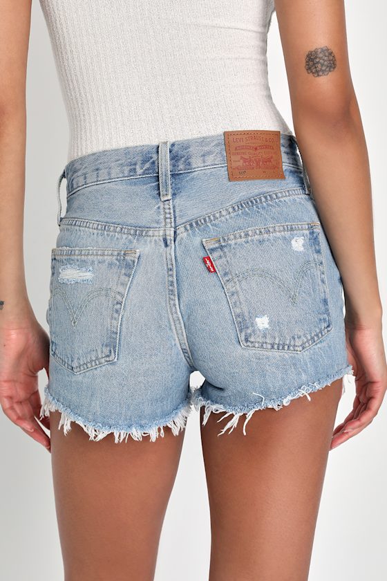 501 Original Light Wash High Rise Distressed Denim Shorts 4