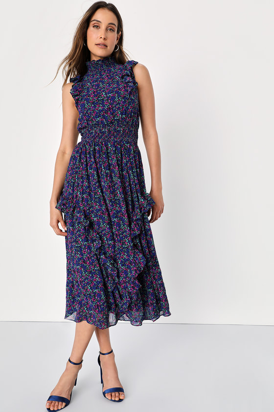 Navy Blue Floral Print Dress - Mock Neck Dress - Midi Dress - Lulus