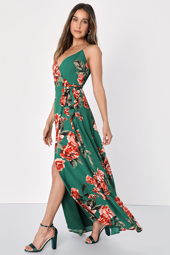 Floral Flirtation Dark Green Floral Print Wrap Maxi Dress 8