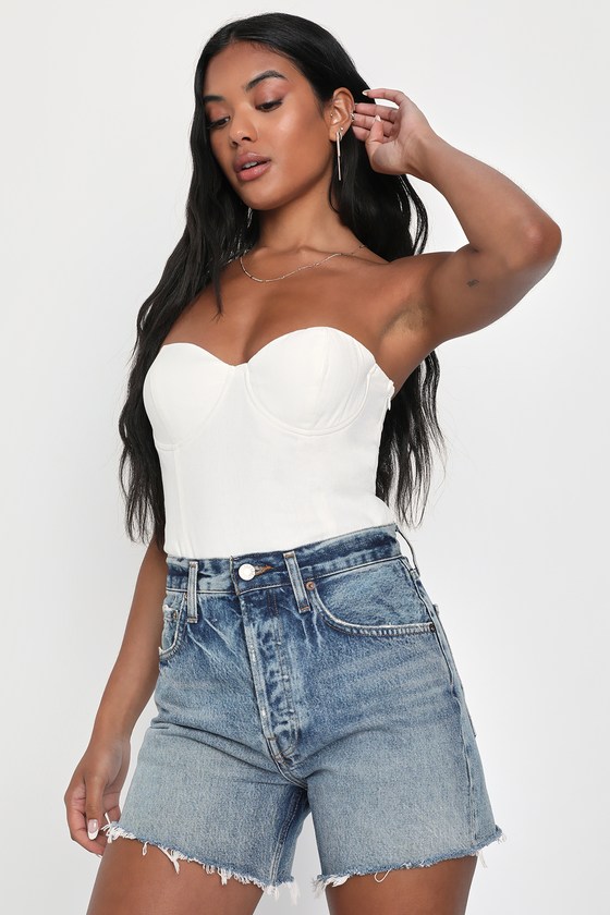 Lulus Flirty Inspiration Ivory Linen Strapless Bustier Bodysuit