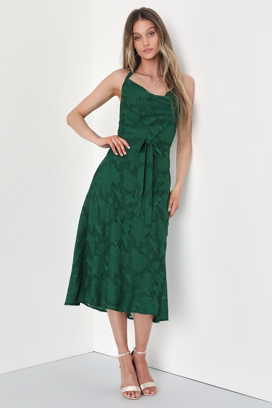 Lulus Graceful Charm Emerald Burnout Floral Jacquard Halter Midi Dress In Green