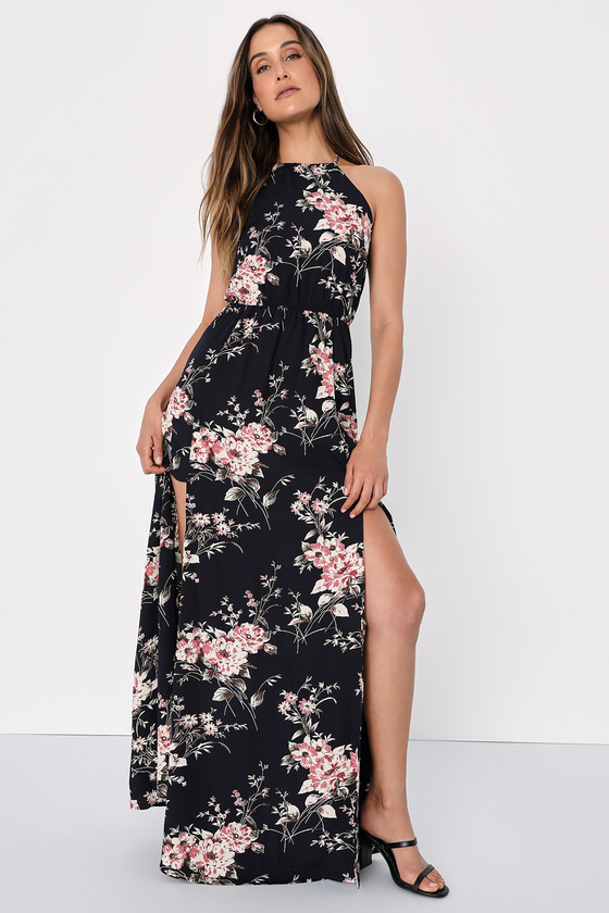 Feel the Music Midnight Blue Floral Print Maxi Dress