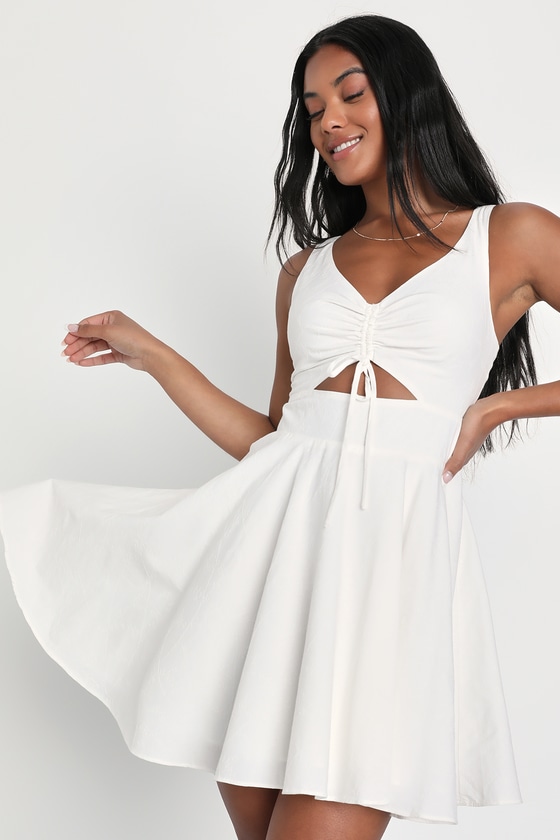 Flirtatious Ideal White Jacquard Cutout Backless Mini Dress