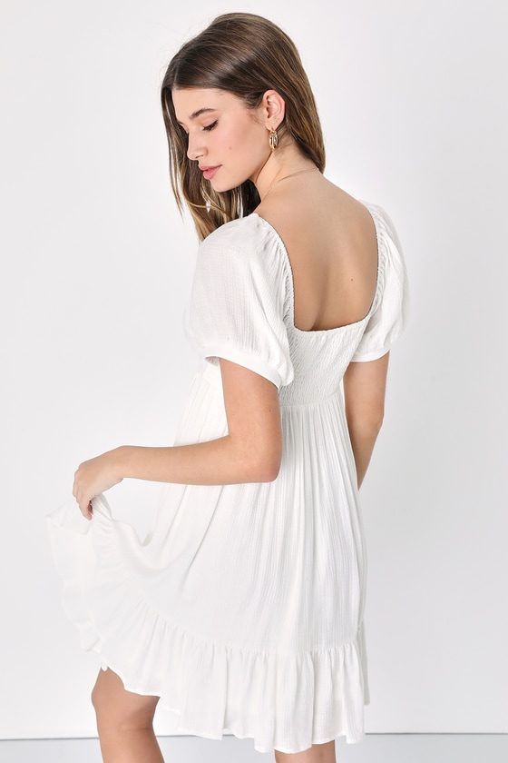 White Puff Sleeve Dress - Babydoll Mini Dress - Simple Mini Dress - Lulus