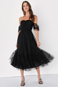 Divine Dreamer Black Tulle Off-the-Shoulder Tiered Midi Dress